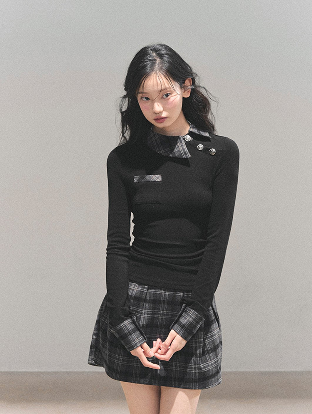 Black Plaid Collar Top/Plaid Short Skirt DIA0757