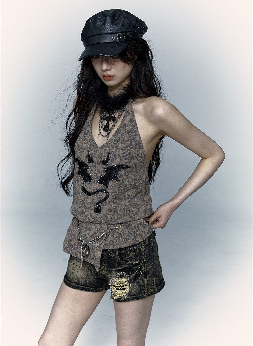 Punk Street Rock Embroidery Leopard Print Halter Vest NOR0067