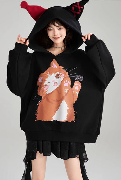 Cat Printed Loose Hooded Black Sweatshirt/Skirt KEI0181