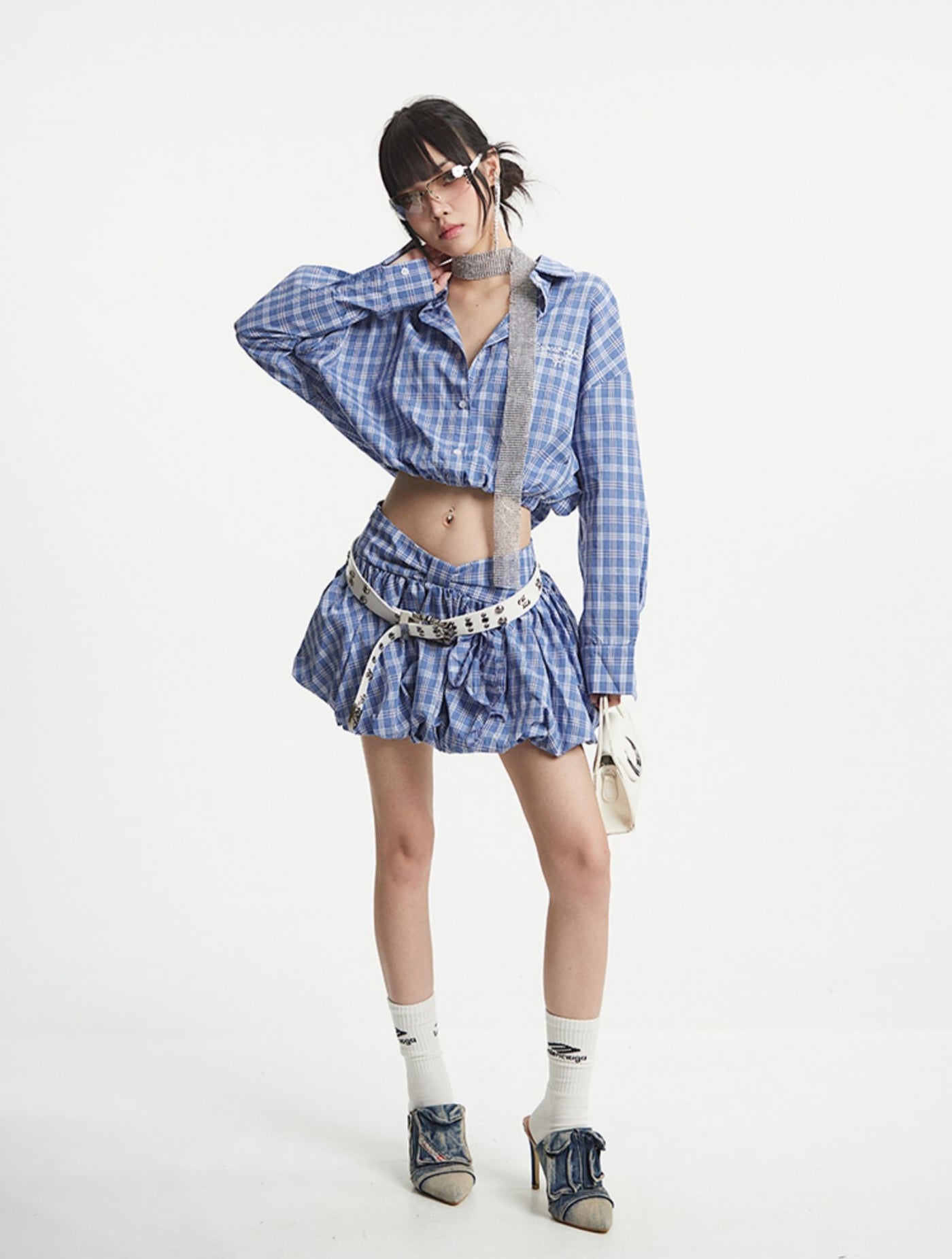 Blue Plaid Short Shirt/Puffy Short Skirt UNC0251
