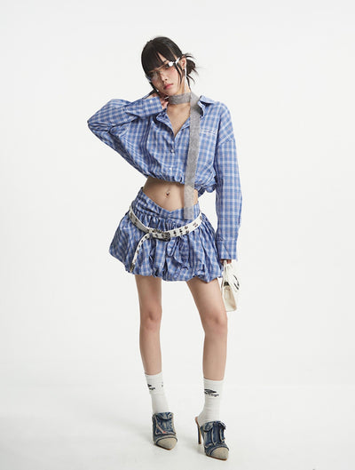 Blue Plaid Short Shirt/Puffy Short Skirt UNC0251
