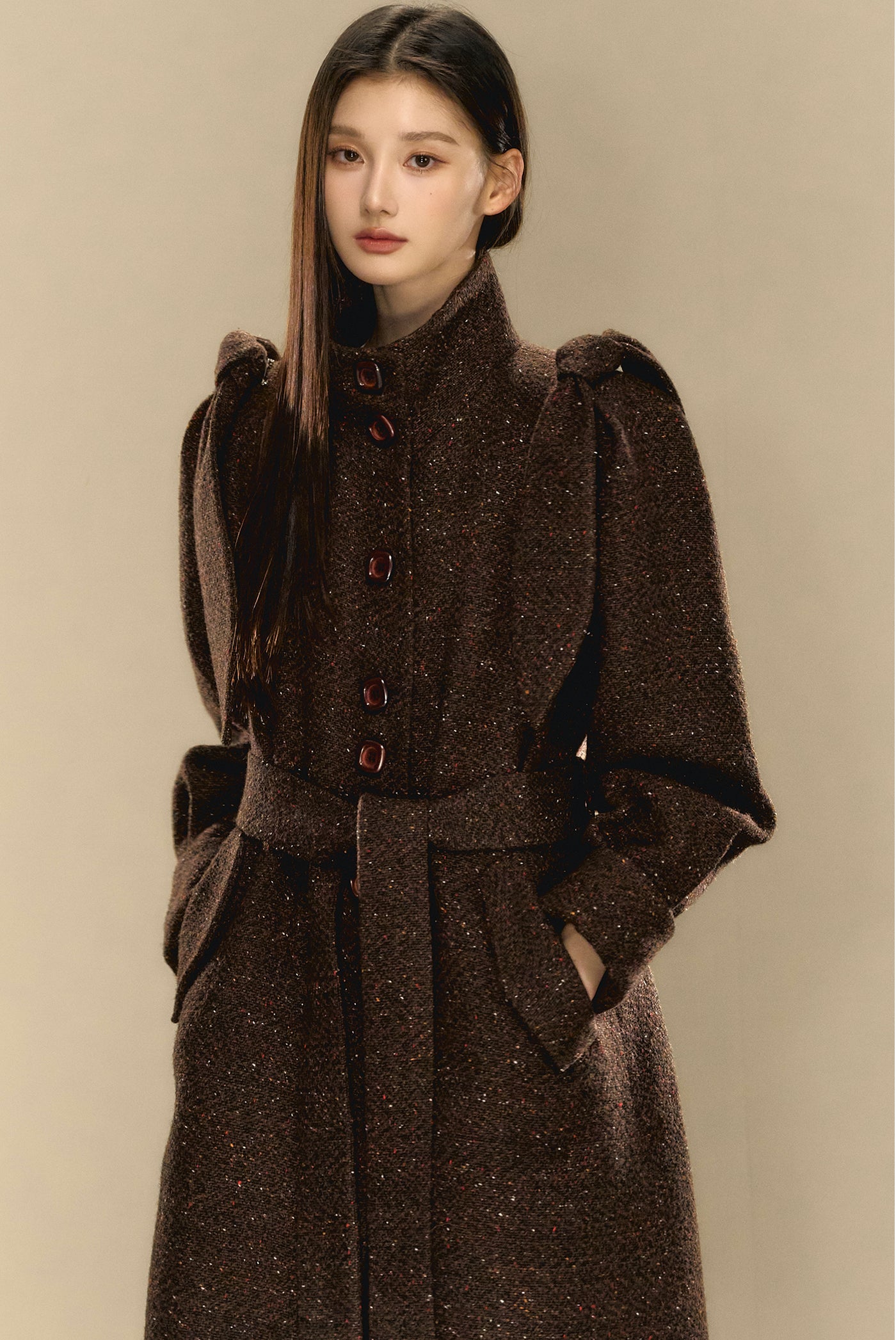 Chocolate Brown Tweed Long Over-the-Knee Wool Coat OSH0103