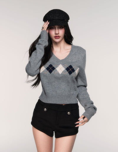 Diamond Pattern V-Neck Sweater LUL0200