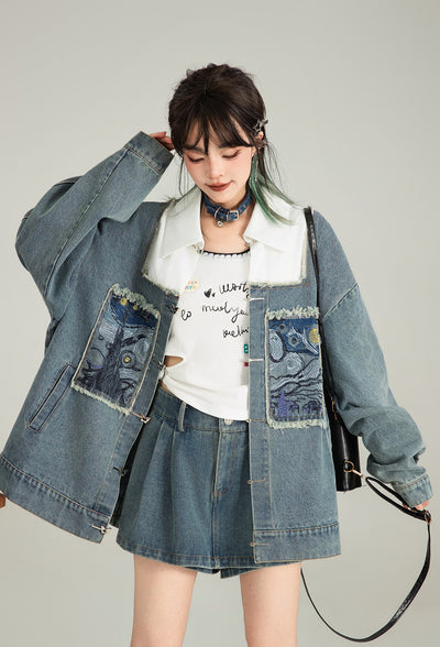 Literary Style Embroidered Denim Casual Jacket/Black Long Skirt KEI0122