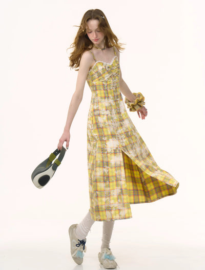 Plaid Tie-dye Slit Suspender Dress ZIZ0267