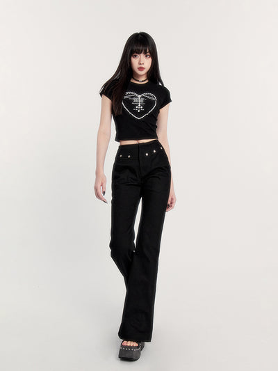 Micro-elastic Dark Rhinestone Heart Printed Short Sleeve T-shirt VOC0238