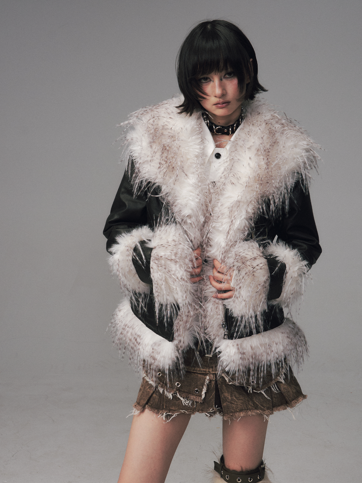 Large Fur Collar Short Coat FRU0129