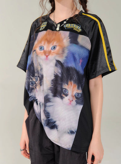 Cat Print Loose V-neck Quick-drying Short-sleeved T-shirt ZIZ0144