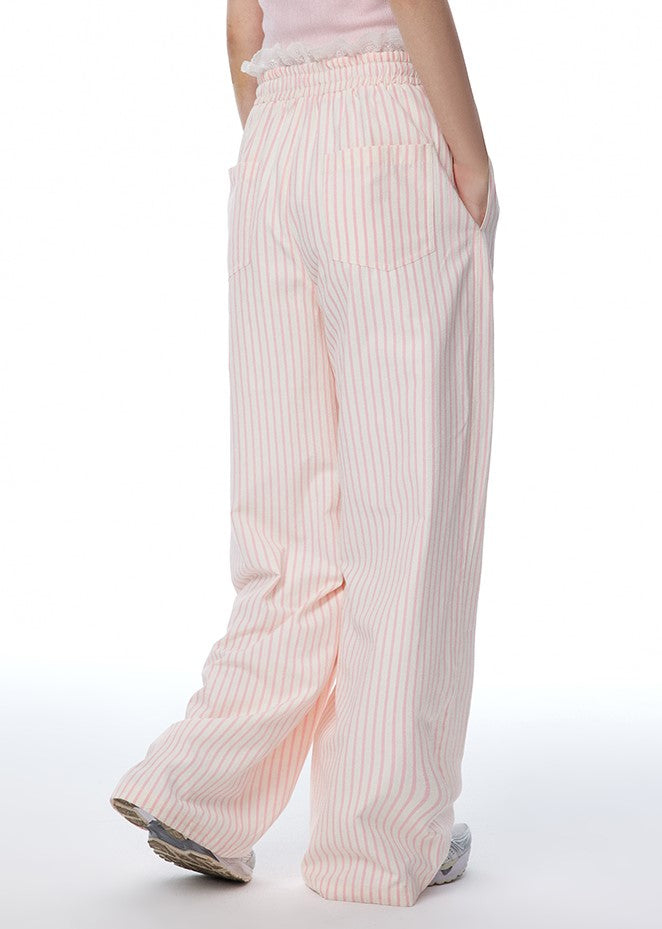 Pink Striped Pleated Lace Waist Casual Pants NTO0112