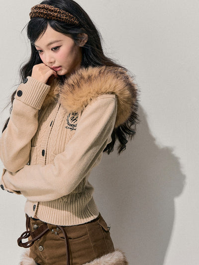 Detachable Fur Collar Knitted Cardigan DIA0766