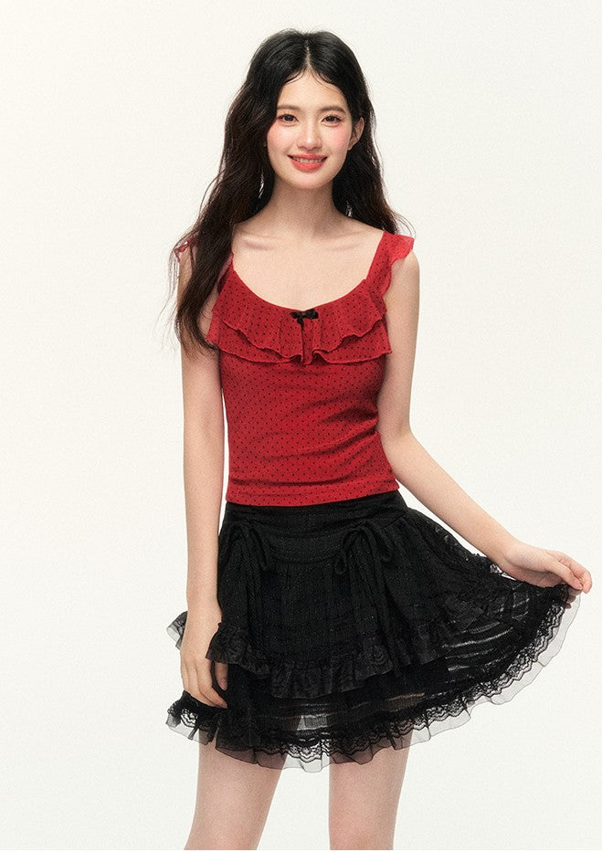 Double-layer Red Lace Butterfly Slim Polka Dot Top NTO0094