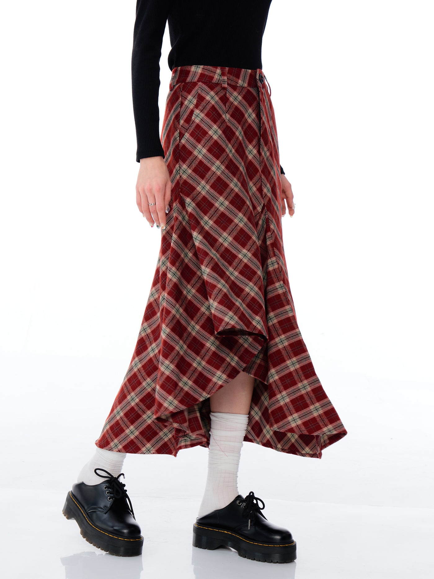 Retro High Waist Slim Medium Long Irregular Red Plaid Skirt ZIZ0190