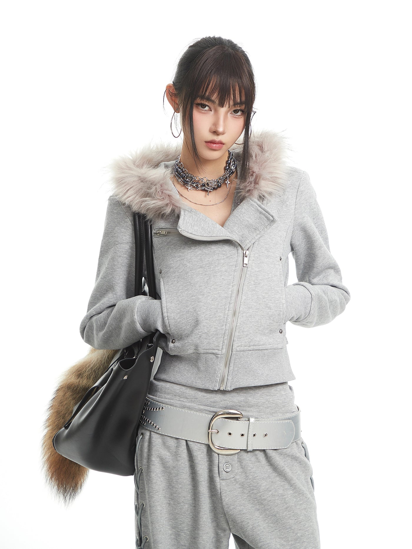 Fur Collar Hooded Sweatshirt Jacket UNC0324
