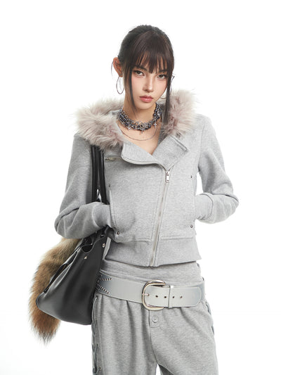 Fur Collar Hooded Sweatshirt Jacket UNC0324