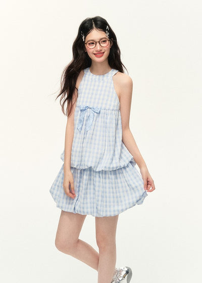 Plaid Pleated Blue Sleeveless Dress NTO0095