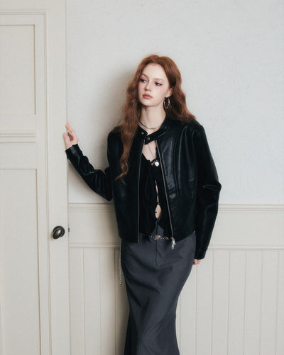 Stand Collar Black Leather Jacket LUL0173