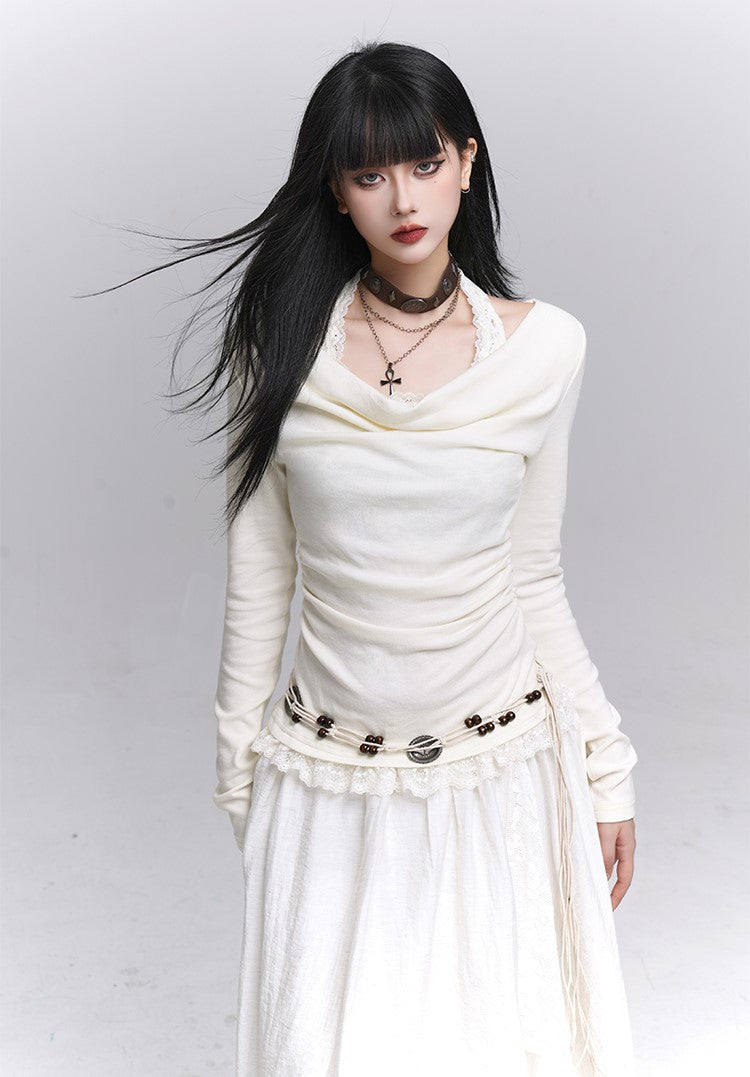 Off-Shoulder Long Sleeve Halter Neck Top LAD0231