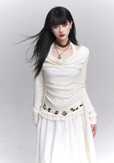 Off-Shoulder Long Sleeve Halter Neck Top LAD0231