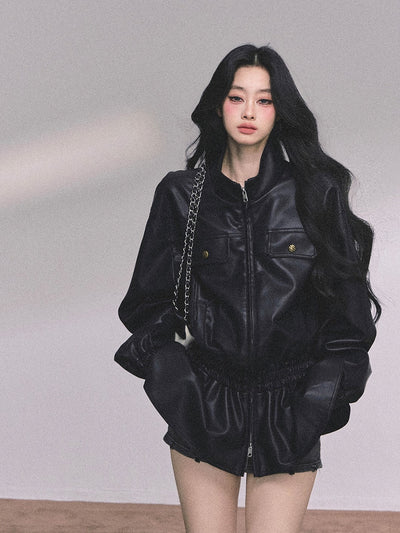 Stand Collar Black Leather Jacket DIA0603