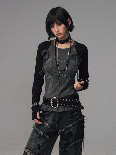 Bow Lace Print Raglan Long Sleeve T-Shirt FRU0126