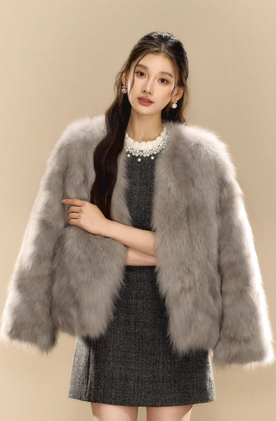 High-grade Gray Fur V-neck Short Coat OSH0085