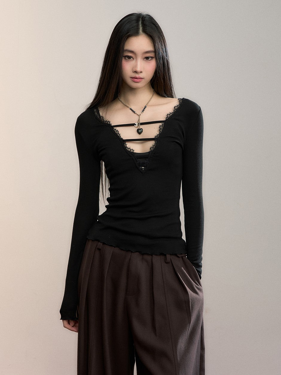 Reversible Lace-Trimmed Long-Sleeve T-Shirt VIA0360