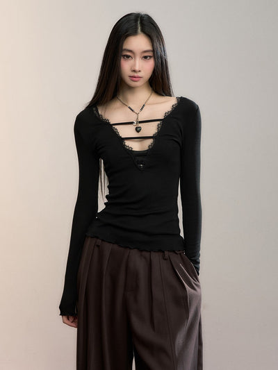 Reversible Lace-Trimmed Long-Sleeve T-Shirt VIA0360