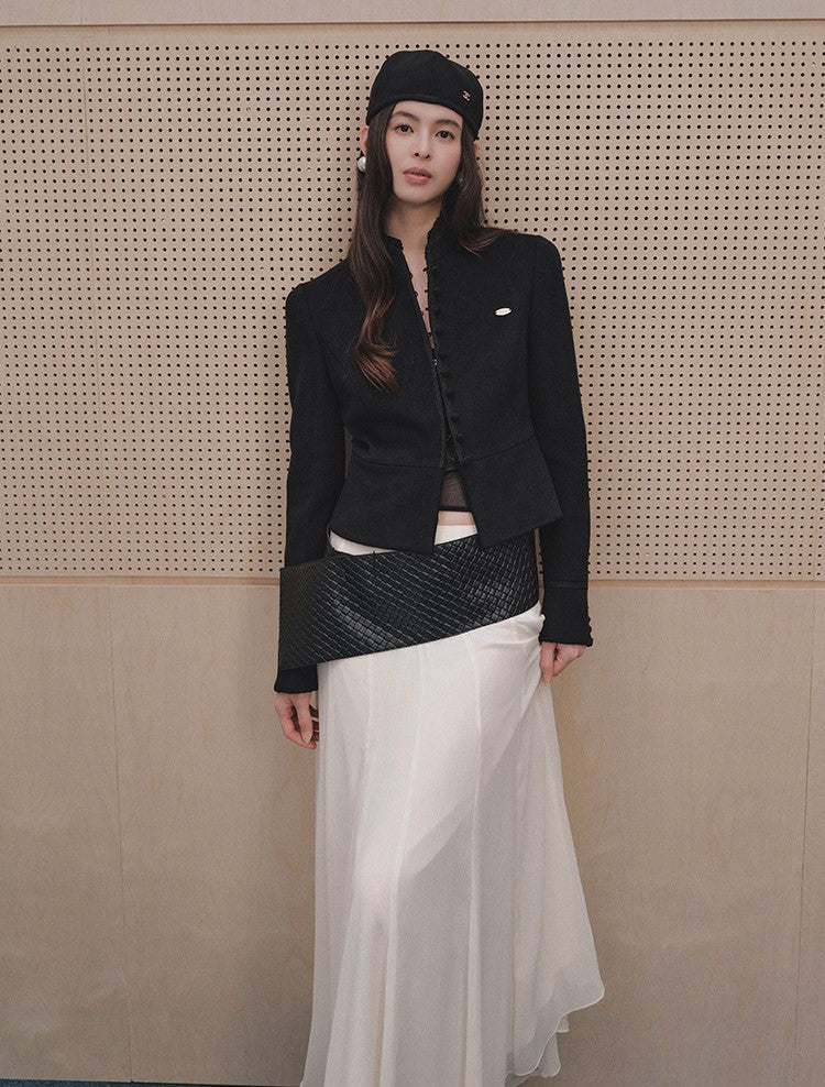 Ruffled Stand Collar Short Woolen Jacket LAL0248