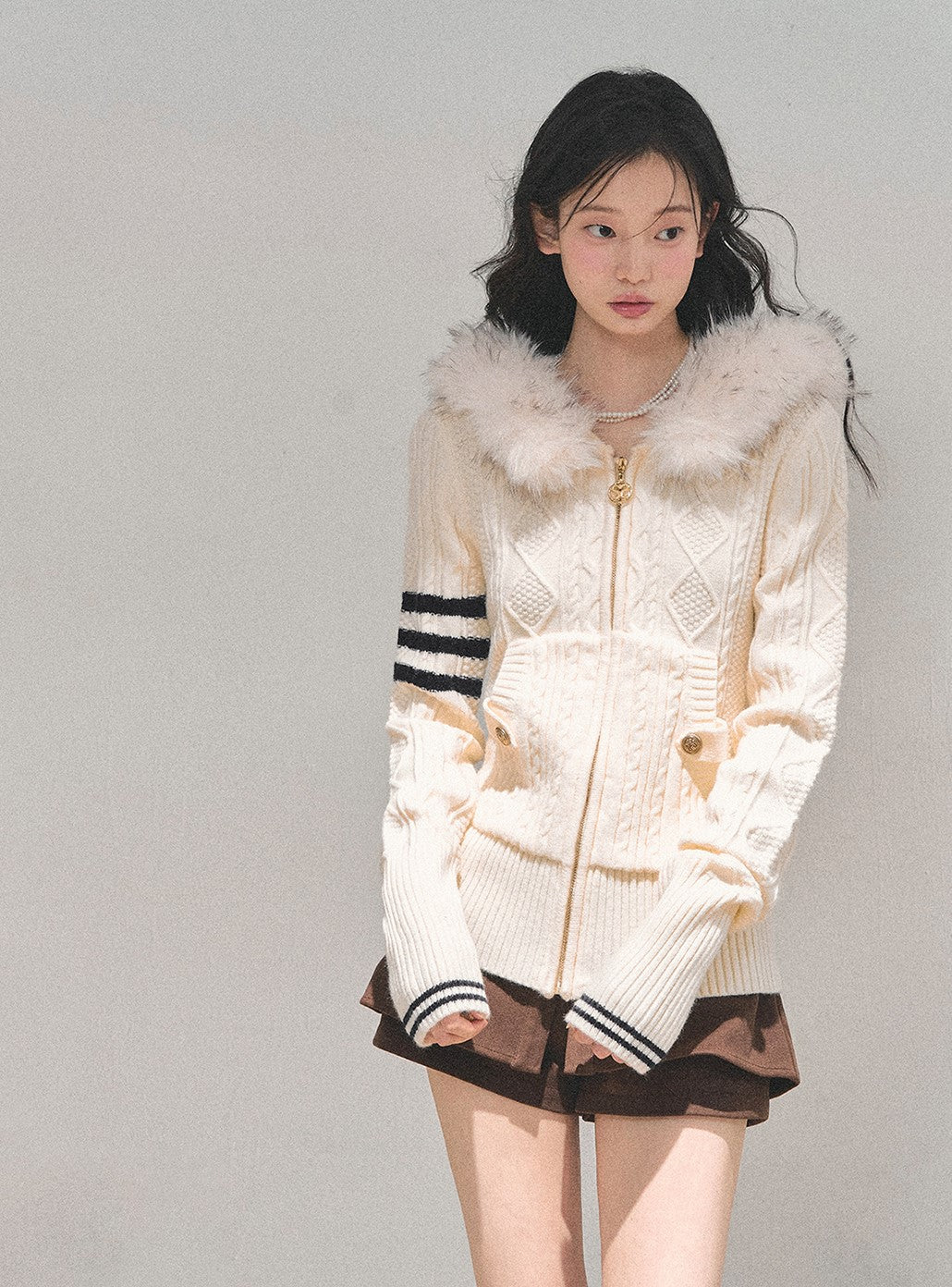 Fur Hooded Knit Cardigan DIA0705