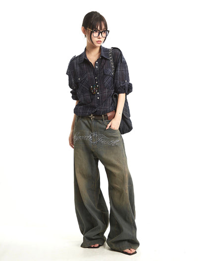 Retro Navy Plaid Long Sleeve Shirt UNC0275