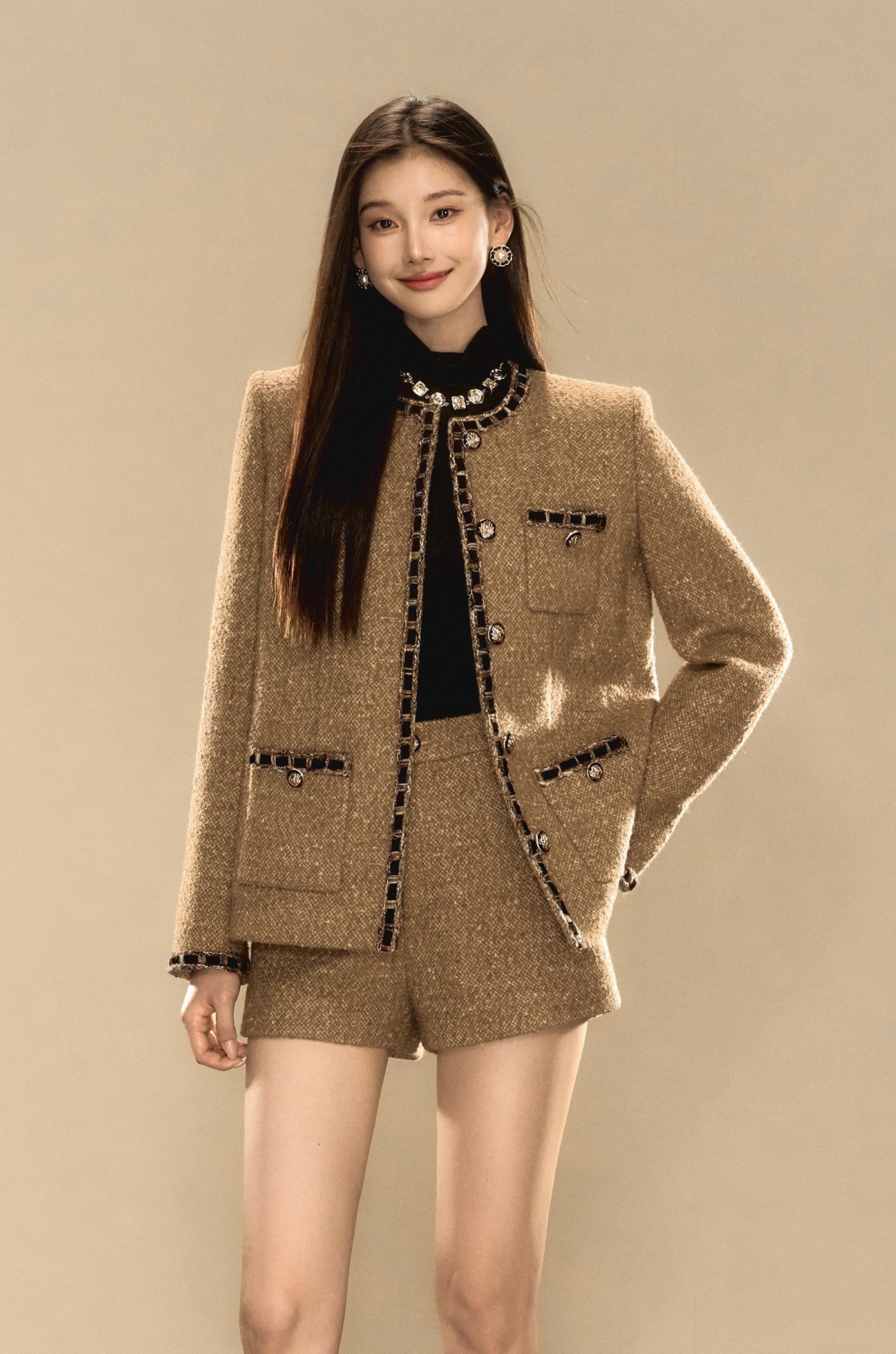 French Retro Luxurious Style Tweed Ribbon Jacket/Shorts OSH0075