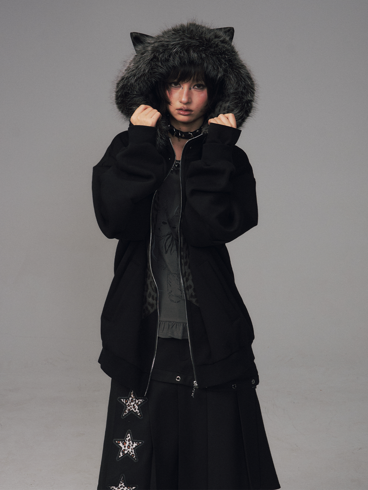 Cat Ear Leopard Print Fur Collar Hooded Jacket FRU0130