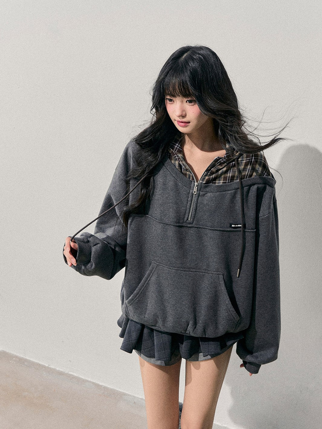 Faux Two-Piece Plaid Hooded Sweatshirt DIA0760