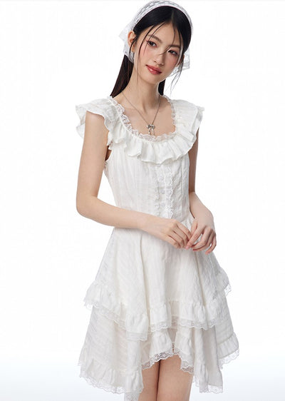 Ruffle Irregular Lace Textured White Dress NTO0092