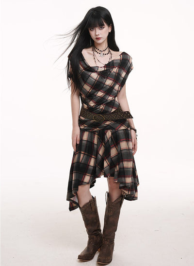 Off-shoulder Plaid Dress LAD0183