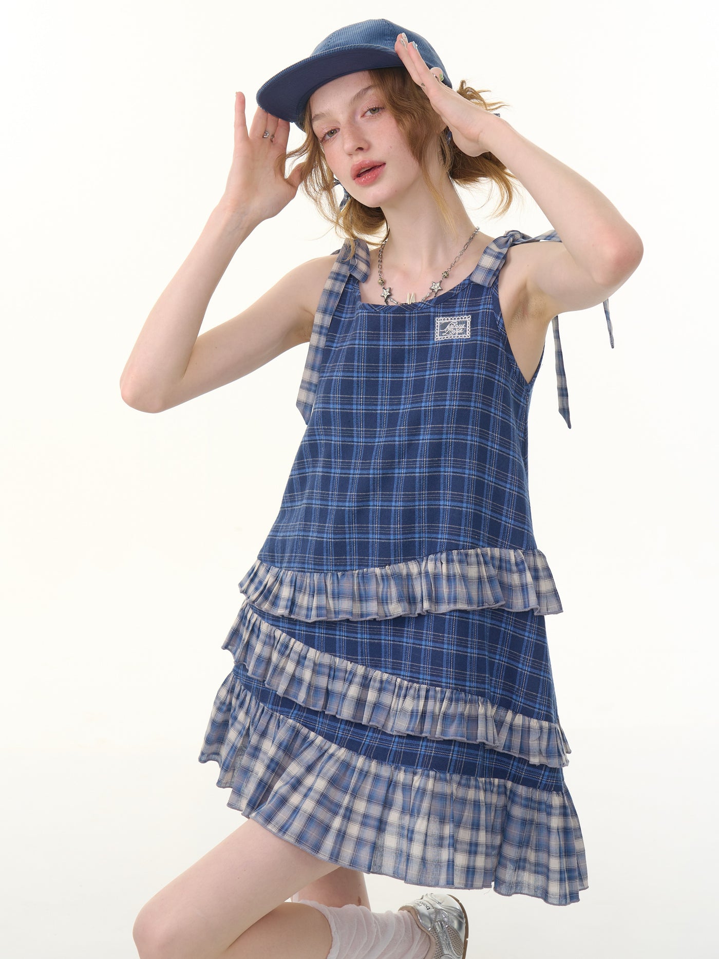 Retro Irregular Hem Blue Plaid Suspender Dress ZIZ0289