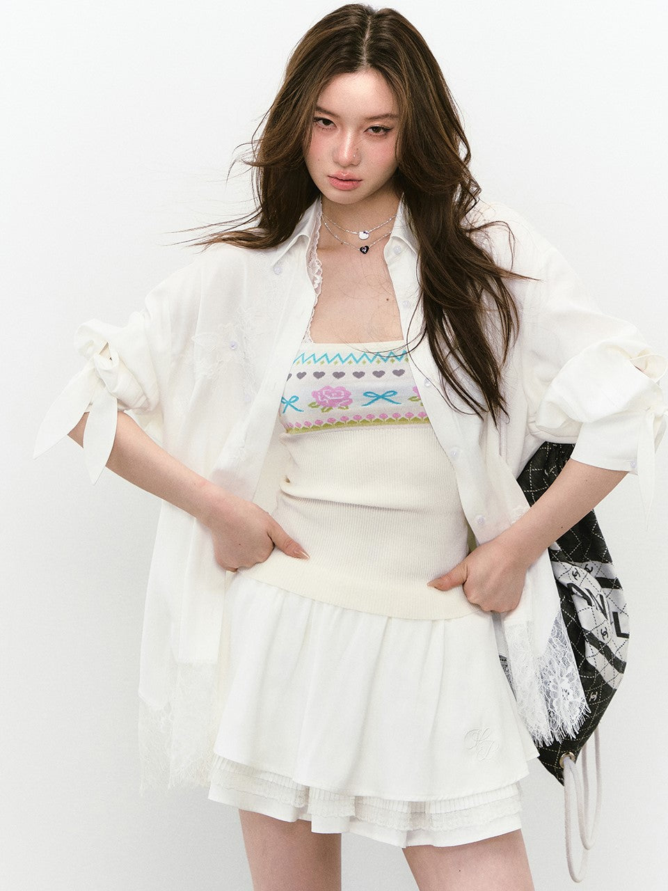 Mesh Lace Stitching Beads Shirt VIA0239