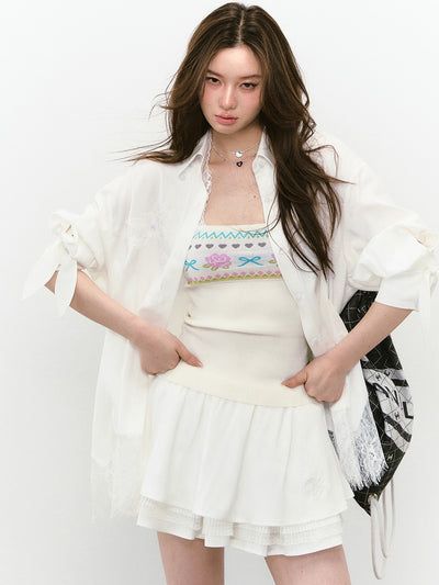 Mesh Lace Stitching Beads Shirt VIA0239