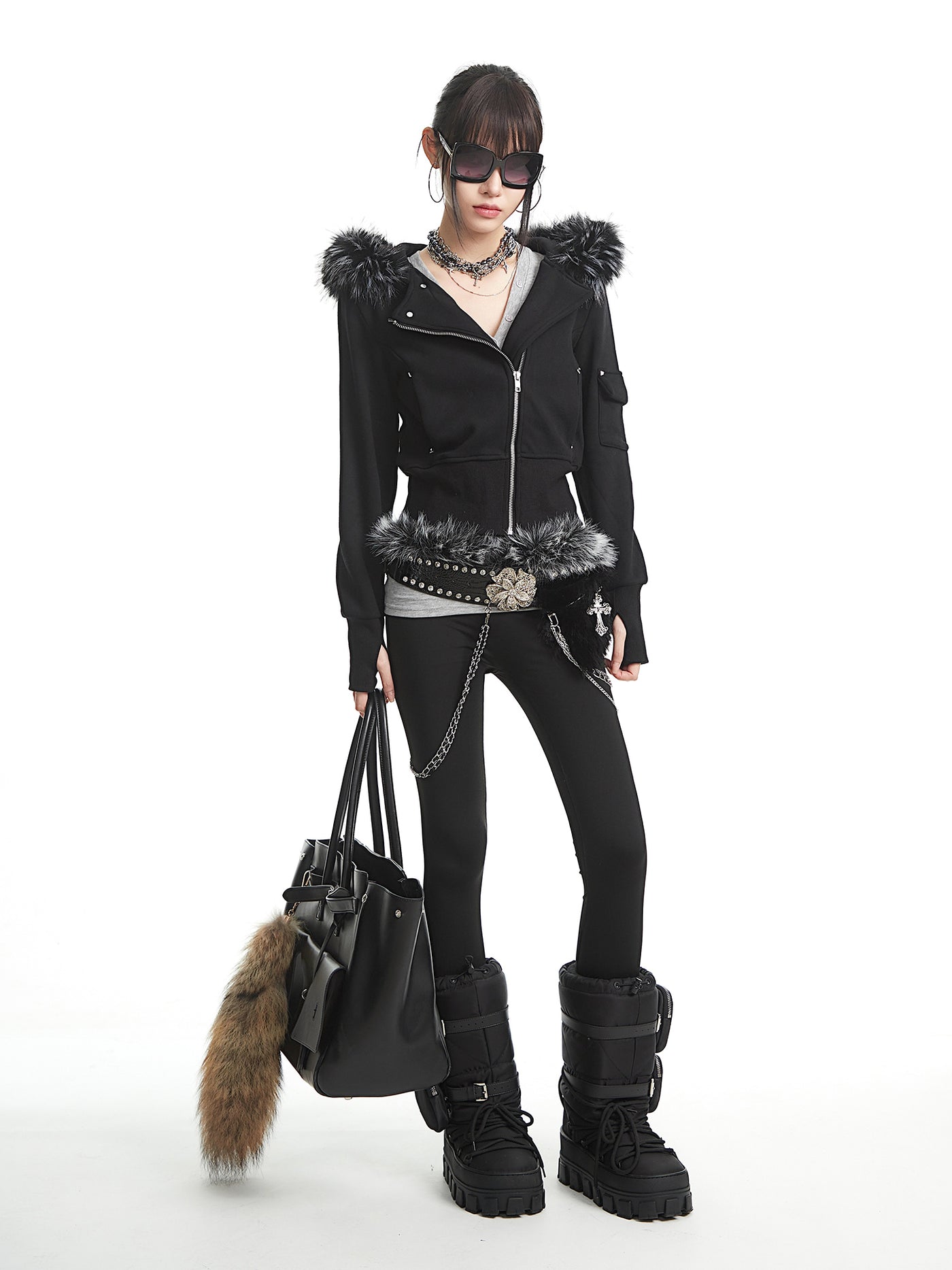 Black Fur-Collar Hooded Sweatshirt Short Jacket UNC0325