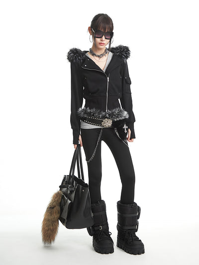 Black Fur-Collar Hooded Sweatshirt Short Jacket UNC0325