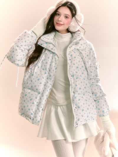 Little Floral Print Stand Up Collar Short Down Jacket QDQ0097