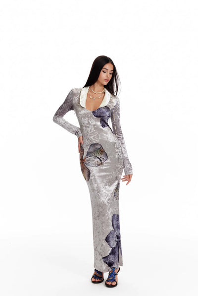 Orchid Print Velvet Fishtail Dress 4MU0085