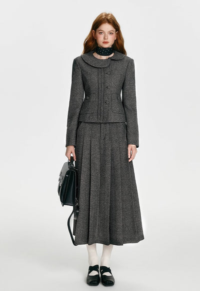 Simple Retro Tucker Line Jacket/Waist Wool Skirt BOH0089