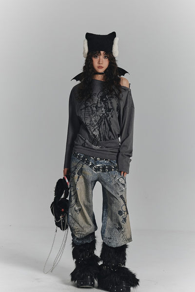 Chain Digital Print Wide-leg Jeans KIN0132