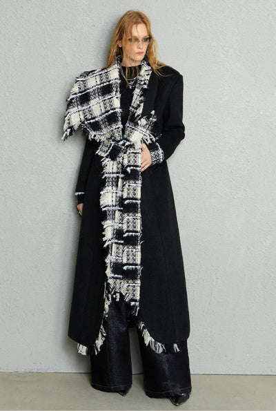 Lapel Wool Checkered Patchwork Long Coat OFA0188