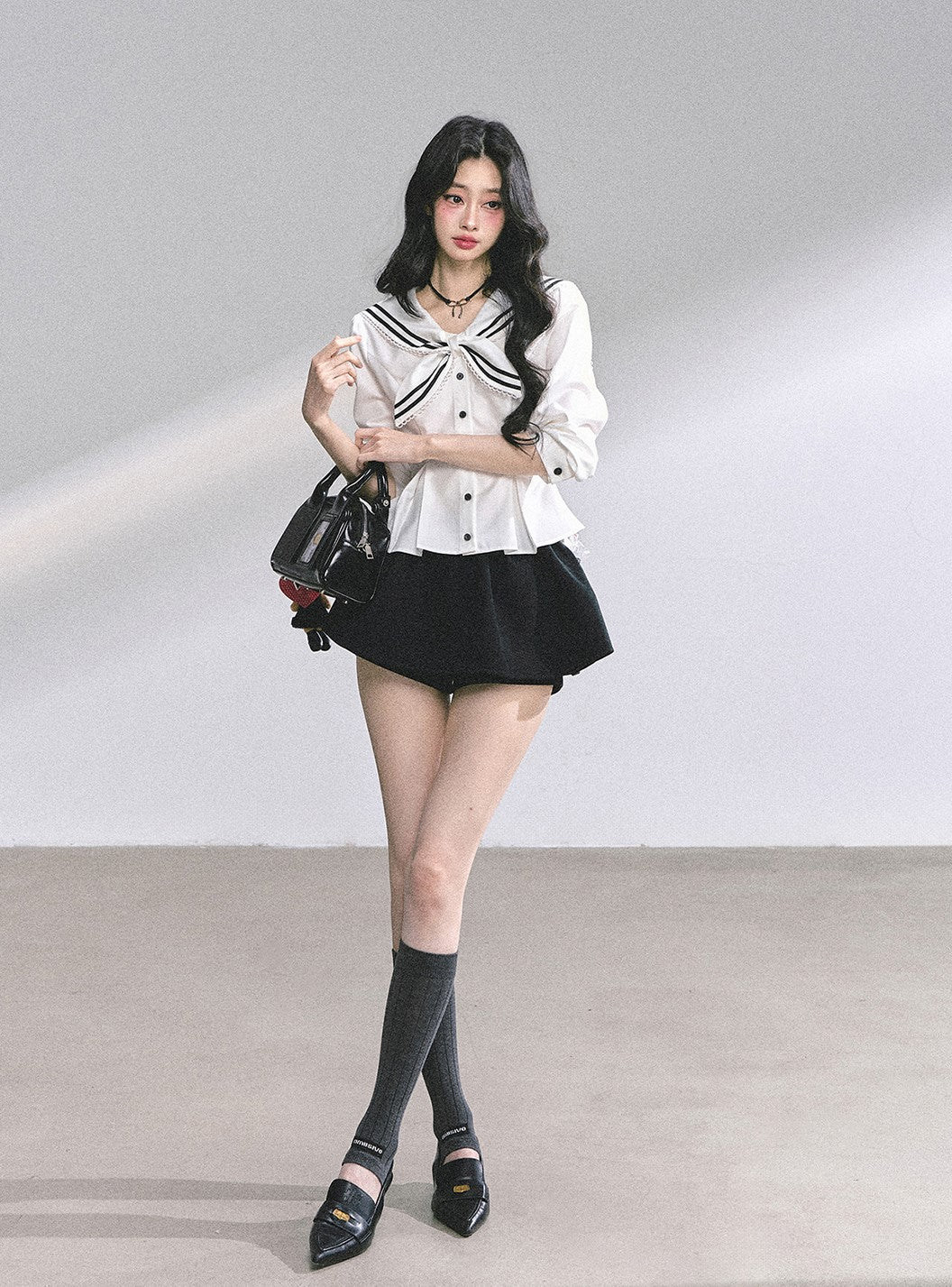 Lace Bow Navy Collar Shirt DIA0554