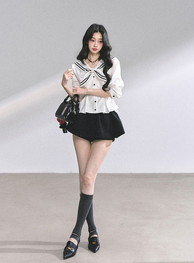Lace Bow Navy Collar Shirt DIA0554