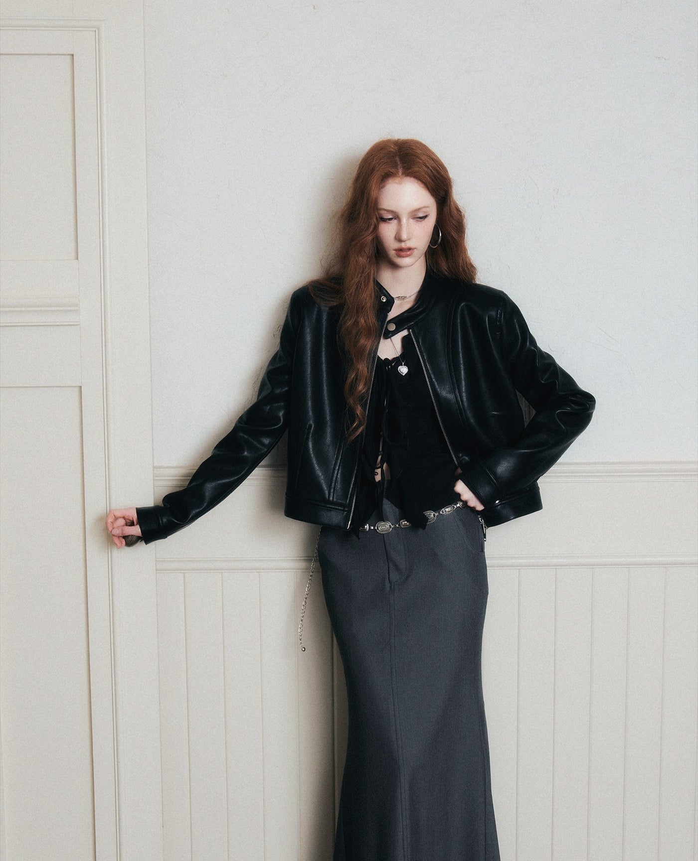 Stand Collar Black Leather Jacket LUL0173