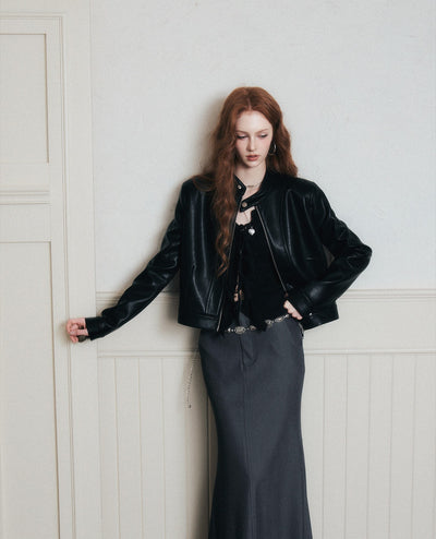 Stand Collar Black Leather Jacket LUL0173