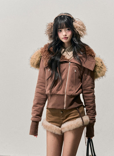 Brown Detachable Shearling Collar Jacket DIA0752